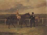 Harry Hall Mr J B Morris Leading his Racehorse 'Hungerford' with Jockey up and a Groom On a Racetrack oil painting on canvas